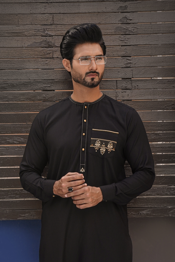 Black Color Pocket & Neck Embroidered Kurta Pajama For Men